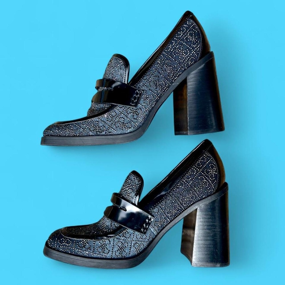 guess jeans dark denim chunky heel sparkle penny loafers w/ rhinestones